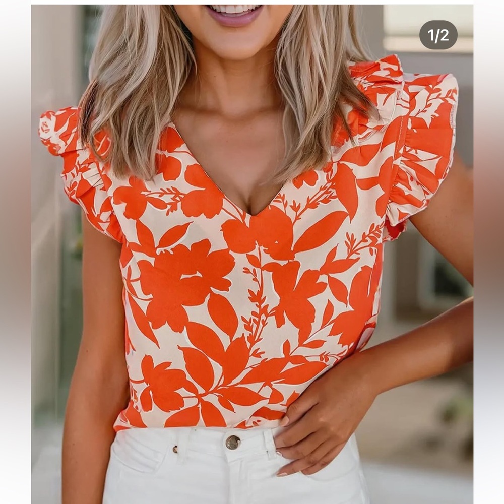 Floral Ruffle Sleeve Top - Orange